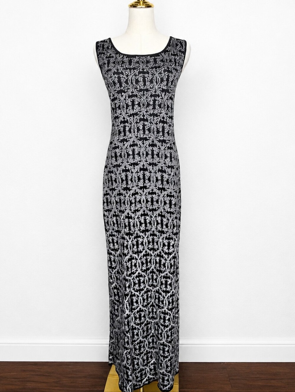 Peruvian Connection Pima Cotton Maxi Dress Black White Boho Art to Wear Large